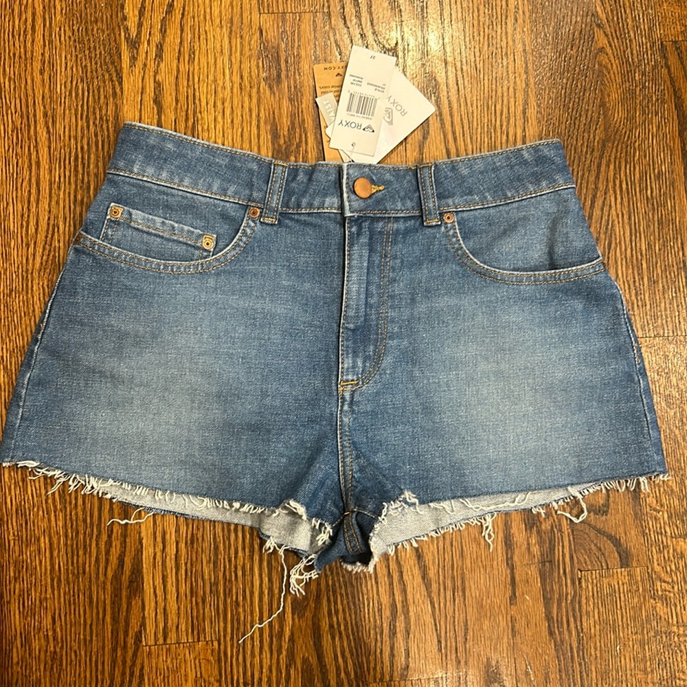 ROXY Kissing The Swell Hight Waisted Blue Mini Short Frayed Hem NWT Sz 27